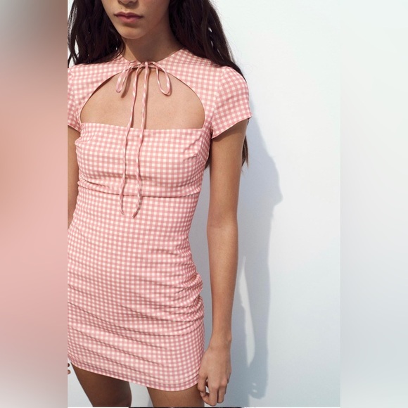NEW Zara Tied White Pink Gingham Checkered Mini Dress XL L - Picture 2 of 9